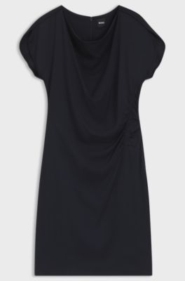 Drape-neckline dress with gathered detail, Dark Blue