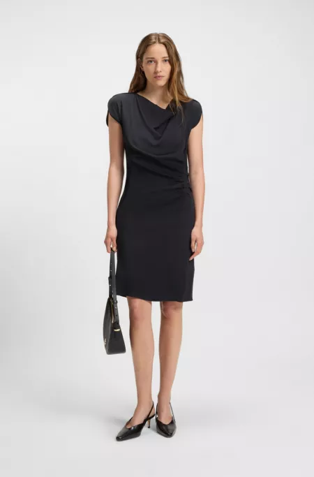Drape-neckline dress with gathered detail