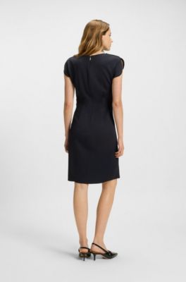 Drape-neckline dress with gathered detail, Dark Blue