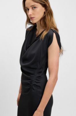 Drape-neckline dress with gathered detail, Dark Blue