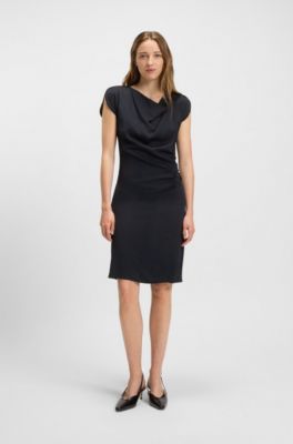 Drape-neckline dress with gathered detail, Dark Blue