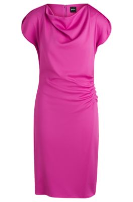 Drape-neckline dress with gathered detail, Pink