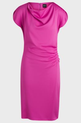 Drape-neckline dress with gathered detail, Pink