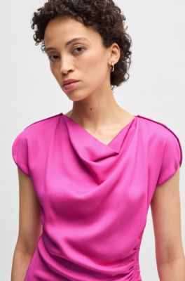 Drape-neckline dress with gathered detail, Pink