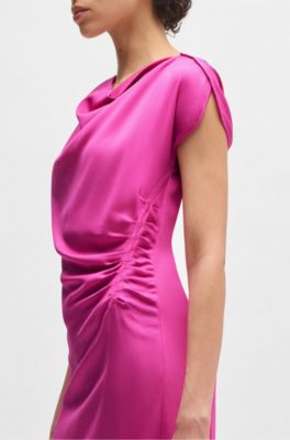Drape-neckline dress with gathered detail, Pink