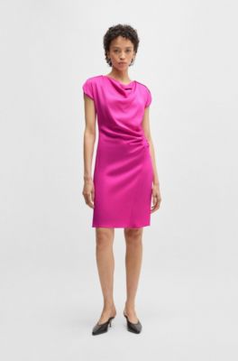 Drape-neckline dress with gathered detail, Pink