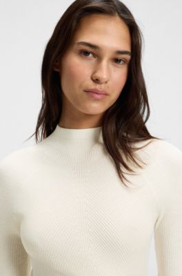 Mock-neck sweater in merino wool, Natural