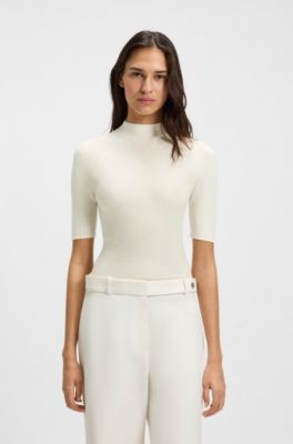 Mock-neck sweater in merino wool, Natural