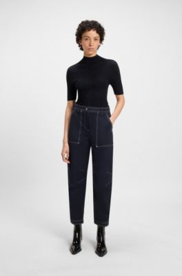 Mock-neck sweater in merino wool, Dark Blue