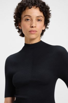 Mock-neck sweater in merino wool, Dark Blue