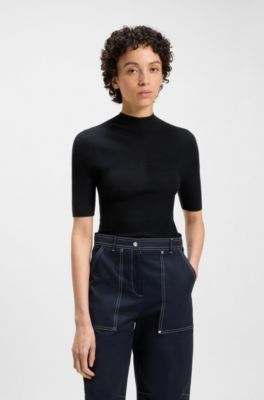 Mock-neck sweater in merino wool, Dark Blue