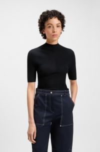Mock-neck sweater in merino wool, Dark Blue