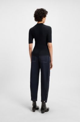 Mock-neck sweater in merino wool, Dark Blue