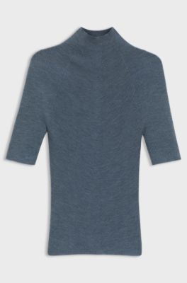 Mock-neck sweater in merino wool, Blue