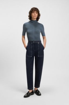 Mock-neck sweater in merino wool, Blue