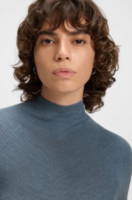 Mock-neck sweater in merino wool, Blue