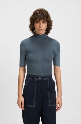 Pull en laine m&eacute;rinos avec col montant, Bleu