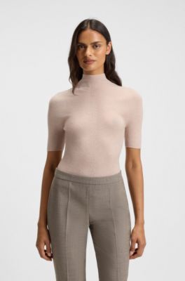 Mock-neck sweater in merino wool, Light Pink