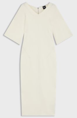 Knitted dress with stitched details, Natural