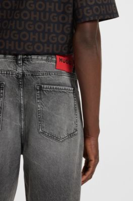 Tapered-fit jeans in grey denim with used effects, Grey