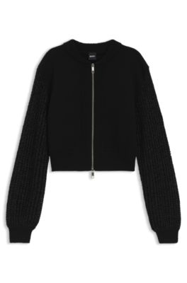 Knitted jacket in virgin wool with open-work sleeves, Black