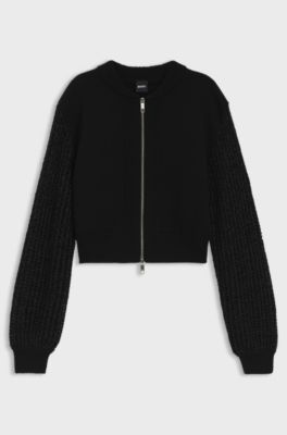 Knitted jacket in virgin wool with open-work sleeves, Black