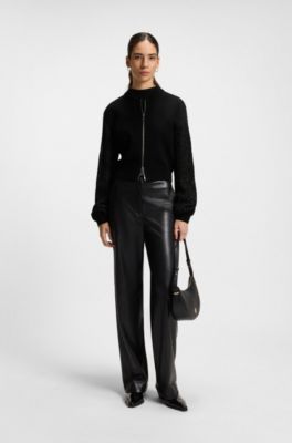 Knitted jacket in virgin wool with open-work sleeves, Black