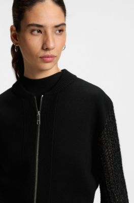 Knitted jacket in virgin wool with open-work sleeves, Black