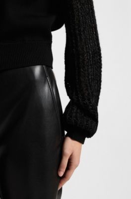 Knitted jacket in virgin wool with open-work sleeves, Black