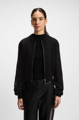 Knitted jacket in virgin wool with open-work sleeves, Black