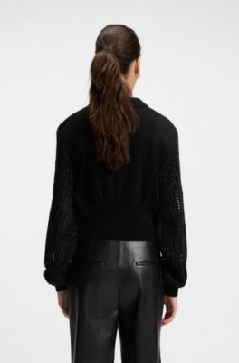 Knitted jacket in virgin wool with open-work sleeves, Black