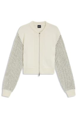 Knitted jacket in virgin wool with open-work sleeves, Light Beige