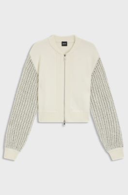 Knitted jacket in virgin wool with open-work sleeves, Light Beige