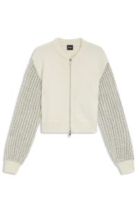 Knitted jacket in virgin wool with open-work sleeves, Light Beige