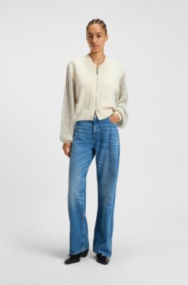 Knitted jacket in virgin wool with open-work sleeves, Light Beige