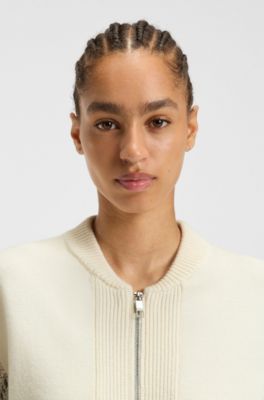 Knitted jacket in virgin wool with open-work sleeves, Light Beige