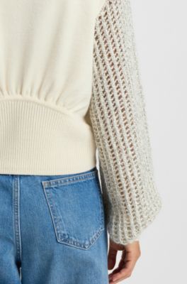 Knitted jacket in virgin wool with open-work sleeves, Light Beige