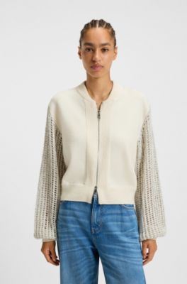 Knitted jacket in virgin wool with open-work sleeves, Light Beige