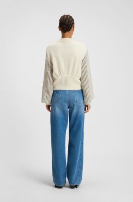Knitted jacket in virgin wool with open-work sleeves, Light Beige