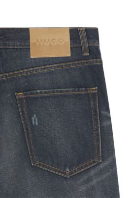 Jean Tapered en denim bleu &agrave; d&eacute;lavage vintage, Bleu fonc&eacute;