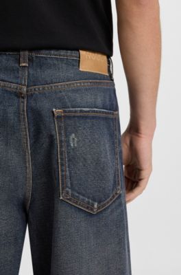 Tapered-fit jeans van blauw denim met vintage wassing, Donkerblauw
