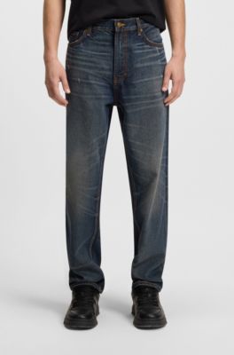 Tapered-fit jeans van blauw denim met vintage wassing, Donkerblauw