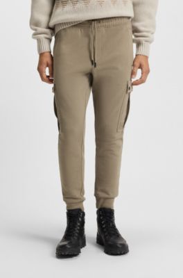 Relaxed-fit cotton-terry tracksuit bottoms with cargo pockets, Light Brown