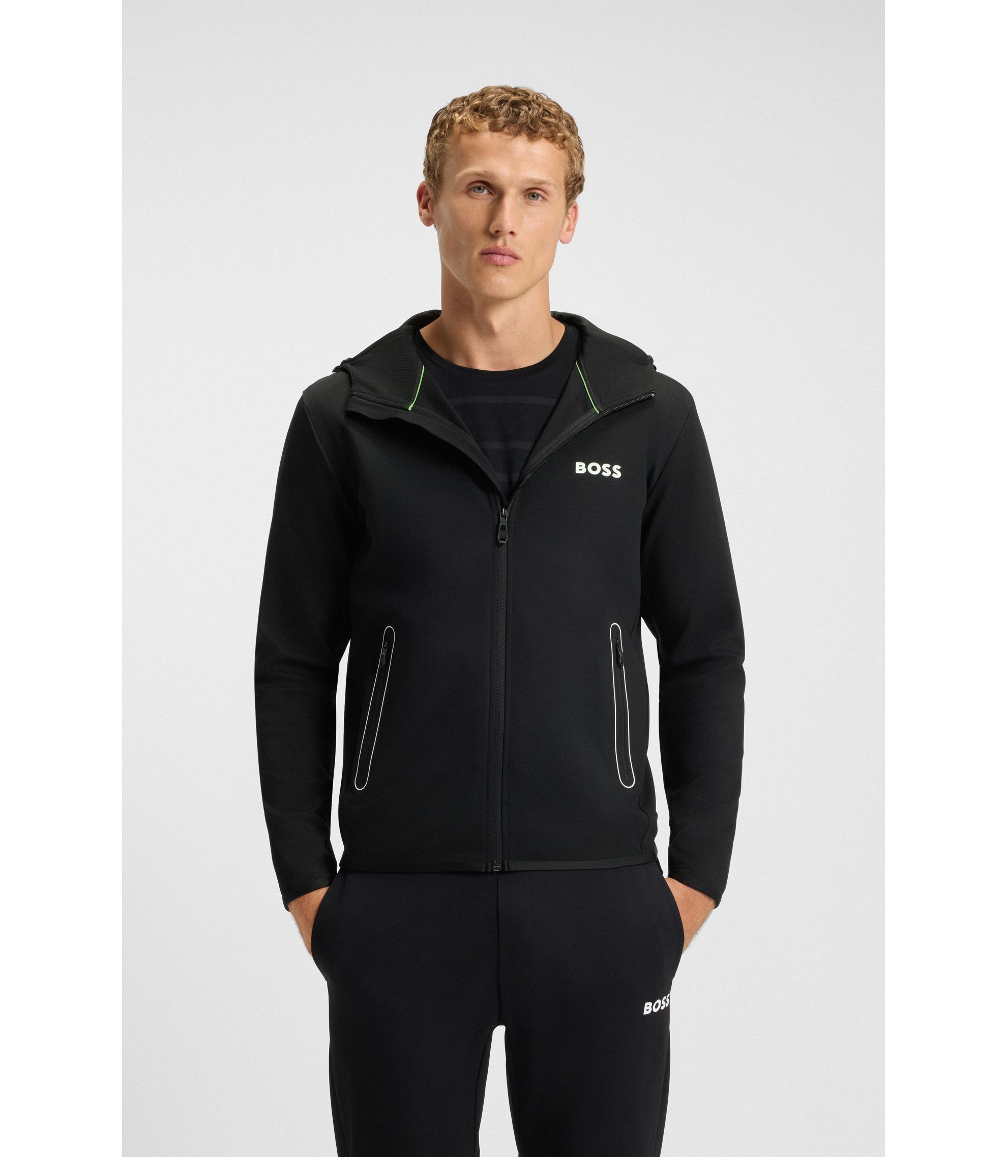 BOSS - Active stretch-gabardine zip-up hoodie with