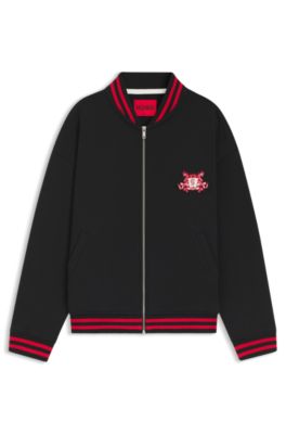 Oversized-fit katoenen bomberjack logostiksel in collegestijl, Zwart