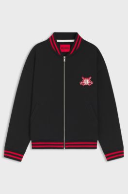 Oversized-fit cotton bomber jacket with collegiate logo embroidery, Black
