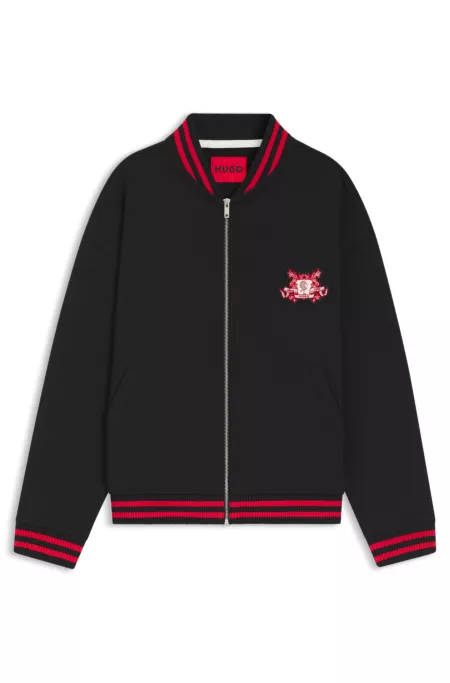 Oversized-fit cotton bomber jacket with collegiate logo embroidery