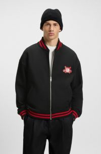 Oversized-fit cotton bomber jacket with collegiate logo embroidery, Black