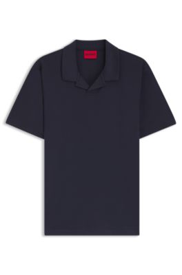 Mercerised slim-fit polo shirt with Johnny collar, Dark Blue