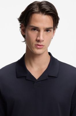 Mercerised slim-fit polo shirt with Johnny collar, Dark Blue